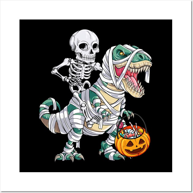 Skeleton riding mummy dinosaur t rex halloween kids boys men Wall Art by Tianna Bahringer